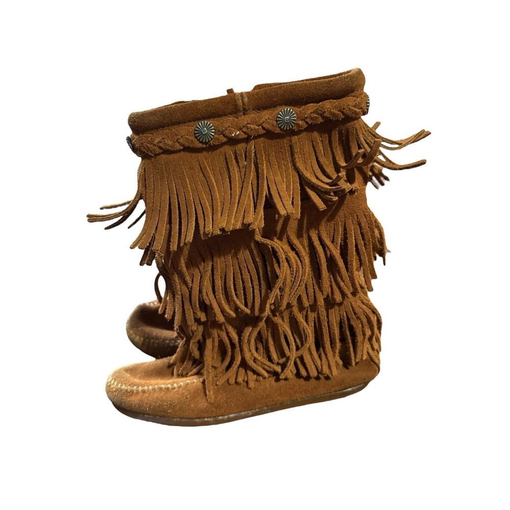 Minnetonka Youth Girls Size 2 Brown Suede Three Layer Fringe Zip Up Boot READ - Picture 4 of 7